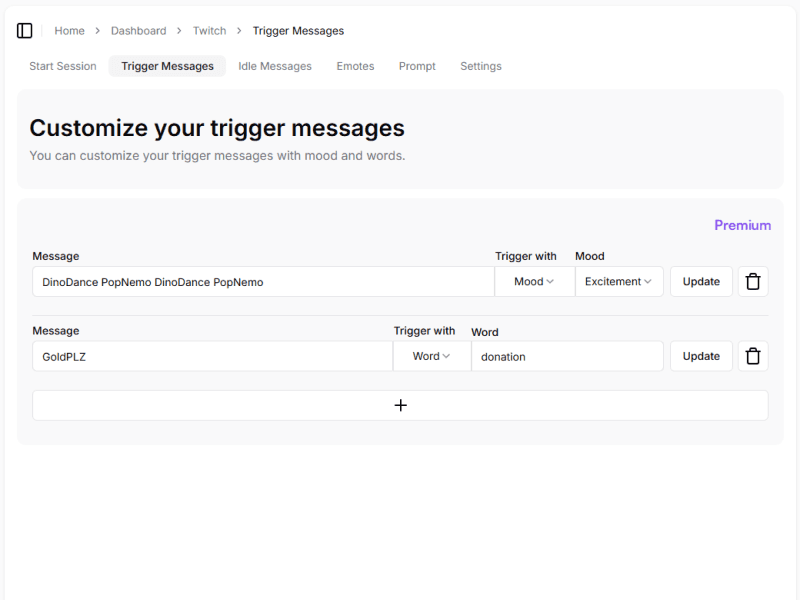 Algochat.io Twitch AI chatbots - Customizable trigger messages