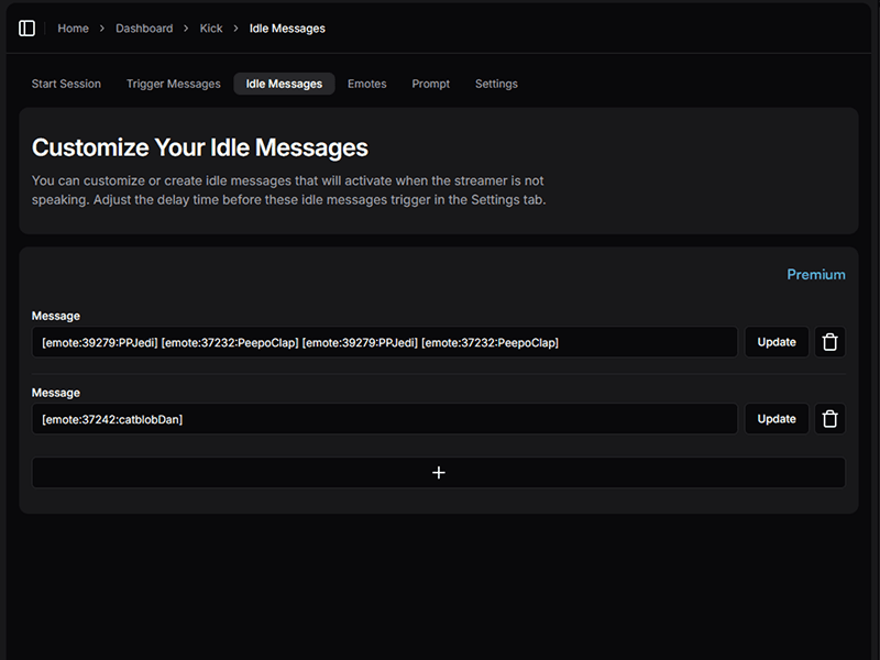 Algochat.io kick AI chatbots - Customizable idle messages
