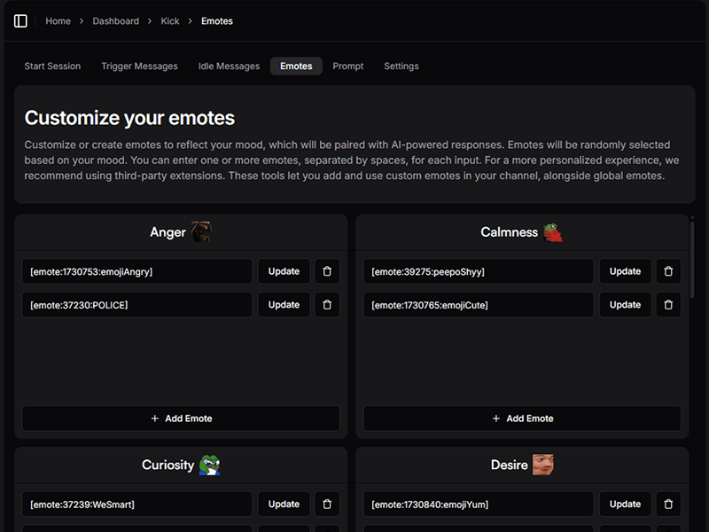 Algochat.io kick AI chatbots - Customize your emotes